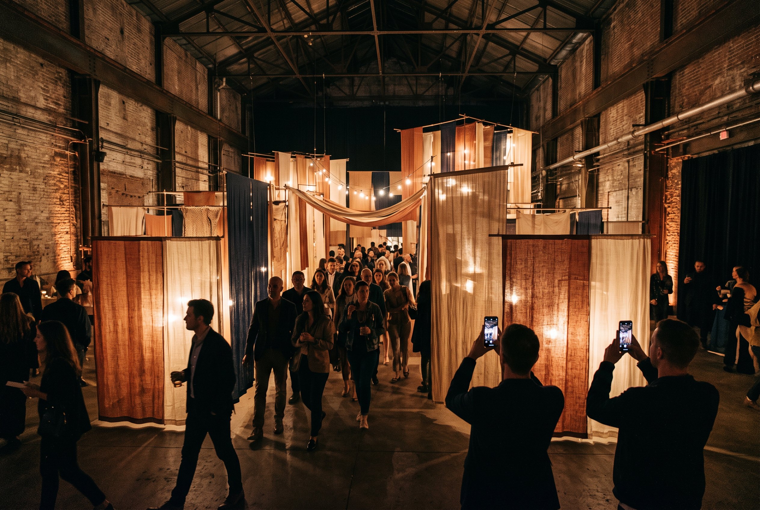 Guests walking through fabric panels at an evening brand installation in a warehouse, some filming on their phones